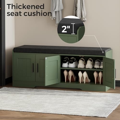 Homleke 2-Tier Storage Bench, Shoe Bench with Thickened Padded Seat Cushion, Entryway Bench with 4 Doors, Adjustable Shelf, 13.8" D x 45.3" W x 18.5" H, for Entryway, Living Room, Bedroom, Green - color: Green, size: 45.3"