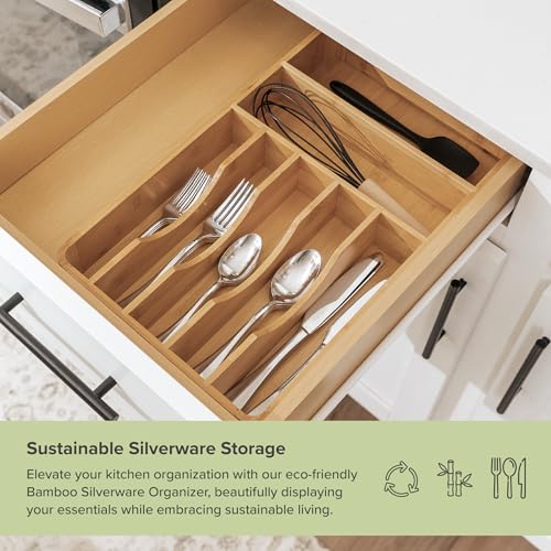 KitchenEdge Silverware Organizer - Cutlery, Flatware, and Utensil Holder for Kitchen Drawers, Fixed 10.5” Width, 7 Storage Compartments, Non-Slip Feet, Rounded Corners, 100% Bamboo - color: Natural Bamboo
