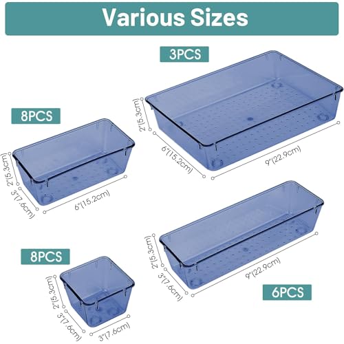 WOWBOX 25 PCS Plastic Drawer Organizer Set, 4 Sizes Desk Drawer Divider Organizers and Storage Bins for Makeup, Jewelry, Gadgets for Kitchen, Bedroom, Bathroom, Office, Clear Dark Blue - color: Clear Dark Blue