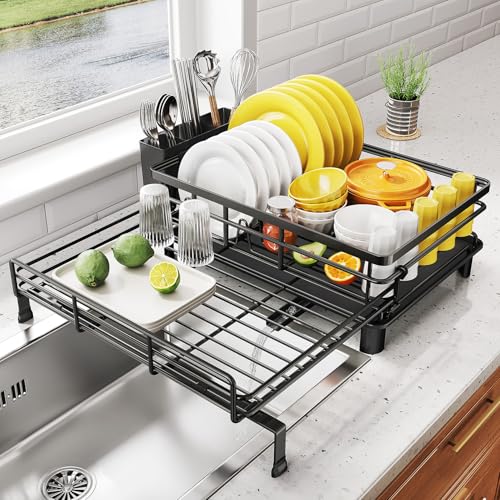 SNTD Dish Drying Rack - Extendable Dish Rack, Large Sink Drying Dish Drainer for Kitchen Counter, Stainless Steel Dish Strainer with Utensil Holder (Black) - color: Black