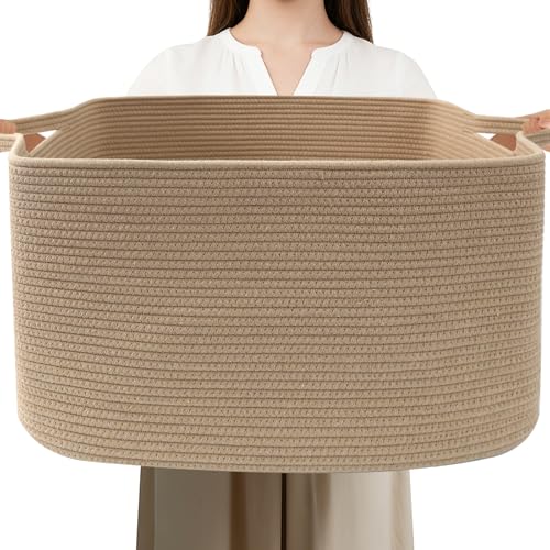 Large Blanket Basket,Woven Rope Basket Storage Bin with Handles,65L Rectangle Laundry Basket for Magazines,Toys,Clothes,Newspaper Shelf Organization,Nursery and Living Room,Jute - color: Jute, size: 21"x16"x12"(65L)