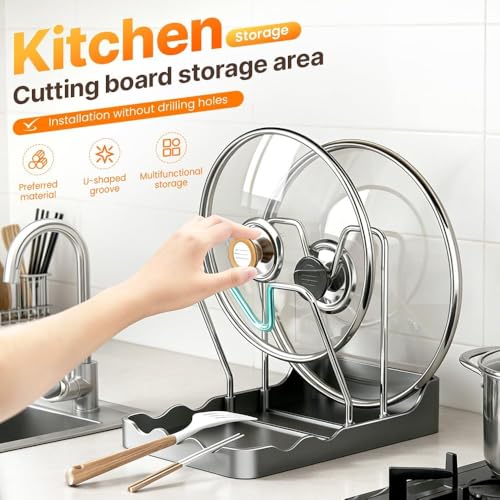 Kitchen Pot Lid Storage Rack - Double Lid Holder Cooking, Multifunctional Pot Lid & Cutting Board Holder, PP+Rust-Resistantcarbon Steel, Space-Saving ,For Cutting Boards, Spoons, Chopsticks (white)