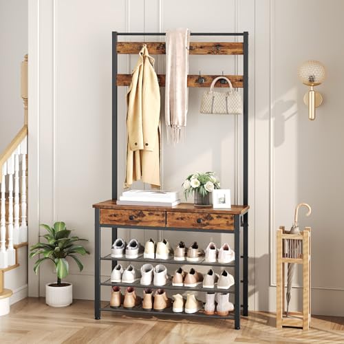 HOOBRO Hall Tree, Entryway Coat and Shoe Rack, 2 Fabric Drawers, Hall Tree with Bench, Shoe and Coat Rack, Coat Rack with Shoe Storage, 4 Tier Shoe Organizer, 9 Hooks, Rustic Brown and Black BF81MT01