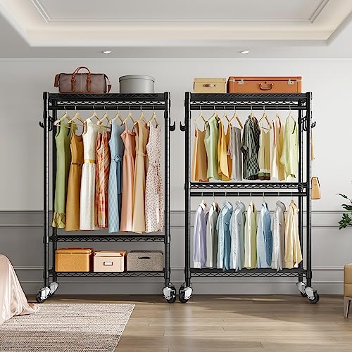 VIPEK R2 Clothes Rack Heavy Duty Clothing Rack for Hanging Clothes, Rolling Garment Rack Adjustable Closet Racks with Double Rods & Hooks, Freestanding Wardrobe Closet Coat Storage Racks, Black - color: Black, size: R2