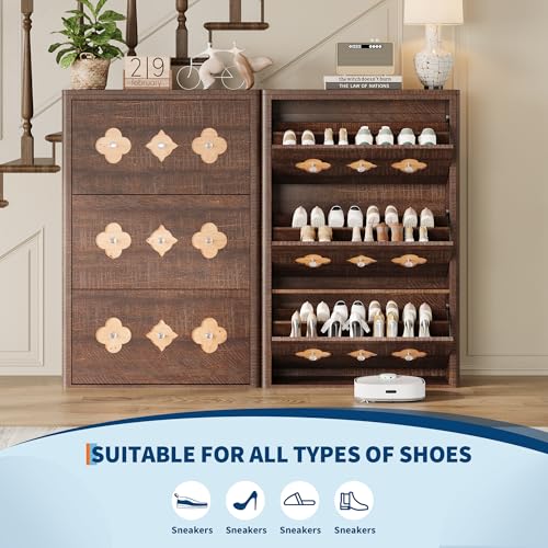 GarveeHome Shoe Storage Cabinet with 3 Flip Drawers, Narrow Wood Shoe Organizer Cabinet with Floral Pattern, Freestanding Slim Shoe Rack Cabinet with Adjustable Shelves, for Entryway, Hallway, Brown - color: Brownish-red, size: 3-Drawers