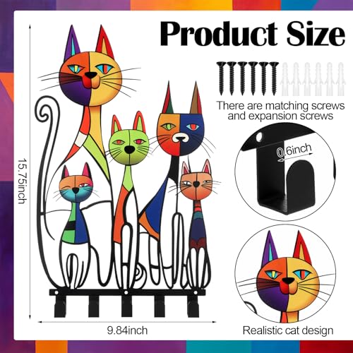 Mid Century Wall Mounted Coat Rack with 5 Hooks Retro Colorful Cat Wall Art Decor Decorative Black Metal Hanger for Coats, Hats, Bags, Keys, Towels for Home, Bathroom, Office(Vintage) - style: Vintage