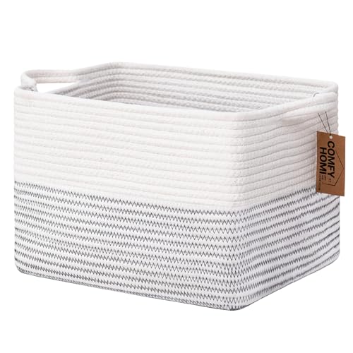 COMFY-HOMI Cotton Rope Woven Basket with Handles for Shelves,Toys,Book, Cloth Storage Baskets Bin for Organizing-13.5"x11"x9.5" Toy Decorative Organizer for Living Room, Bathroom-White/Black Line - color: white/black line, size: 13.5"X11"X9.5"