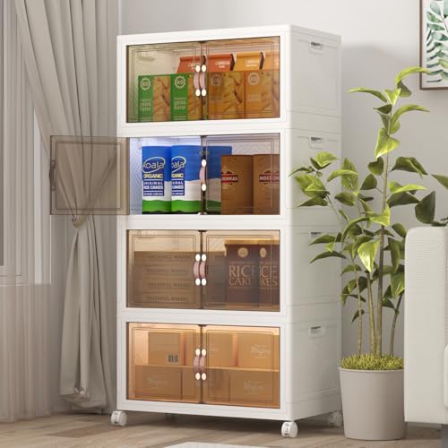 UAMFURI Extra Large Stackable Storage Bins with Lids & Wheels, 480QT-120QT/30GAL*4Pack Foldable Collapsible Closet Organizers Storage Cabinet with Doors for Bedroom Dorm - color: white, size: 4PACK-25"W16"D58"H