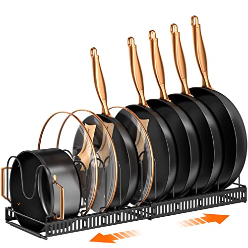 MUDEELA Pots and Pans Organizer Rack for under Cabinet, Expandable 11.81''-22.85'' Pot Lid Kitchen Cabinet Organizer Holder with 10 Adjustable Compartment Cutting Board Organizer for Pan Lid, Bakeware - style: 10 Dividers-Black
