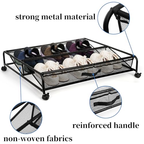 Goaste Under Bed Shoe Storage Organizer with Wheels, Rolling Underbed Storage Containers, Metal Shoe Rack Drawer Space Saving for Bedroom Organization, Shoes, Toys (Black)