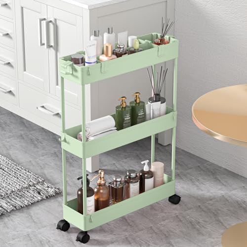 SPACELEAD Slim Storage Cart 3 Tier,Bathroom Organizer Rolling Utility,Mobile Shelving Unit Slide Out for Office, Kitchen, Laundry Room & Narrow Places，Green - color: Green