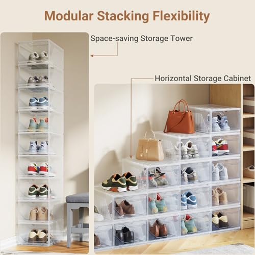 XX-Large Shoe Sneaker Storage Boxes for Size 14, Stackable & Thicken Clear Plastic Shoe Organizers 12 Packs for Entryway Closet Under Bed, Shoe Storage Cabinets Container Display Case w/ Magnetic Door - size: 12 packs