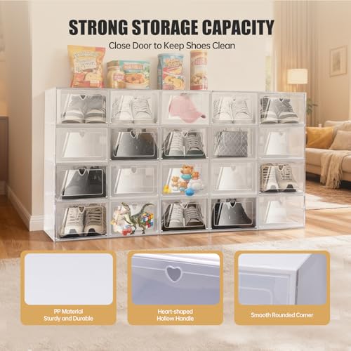 20-Pack Stackable Clear Shoe Storage Boxes, Foldable Shoe Organizer with Flip Doors & Heart Handles, Space-Saving Shoe Box Storage for Closet, Easy Access, Fits Up to US Size 10/9