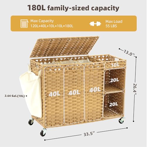Laundry Hamper with Lid, 160L Rattan Wicker Laundry Basket with Wheels, Handwoven Laundry Hamper 3-Section with Storage shelf(42.3 Gal), Laundry Sorter Basket with Removable Liner, Natural HLH033N - color: Nature, size: 33.5”L x 13”W x26.4”H