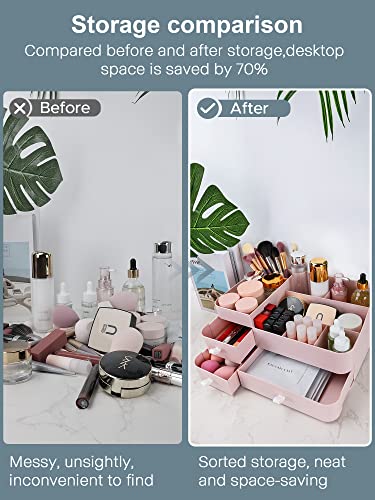 Makeup Organizer with Drawers,Large Capacity Countertop Organizer for Vanity,Bathroom and Bedroom Desk Cosmetics Organizer for Skin Care,Brushes, Eyeshadow, Lotions, Lipstick, Nail Polish - color: Pink-Large