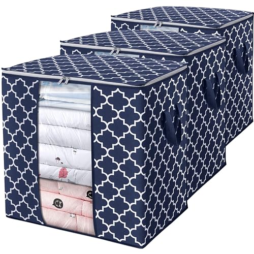 WISELIFE Storage Bags 3 Pack/100L Large Blanket Clothes Organization and Storage Containers for Comforters,Bedding, Foldable Organizer with Reinforced Handle, Clear Window, Sturdy Zippers,Blue - color: Blue, size: 3 x 100L