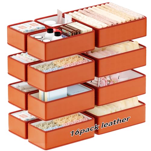 Vegan Leather Drawer Organizers,16 Pack Makeup Storage boxes,Vanity Drawer Luxury upgrade,Bedroom fabric Drawers replacement,bathroom organization and storage Optimal solution - color: Classic Brown, size: 16 pack
