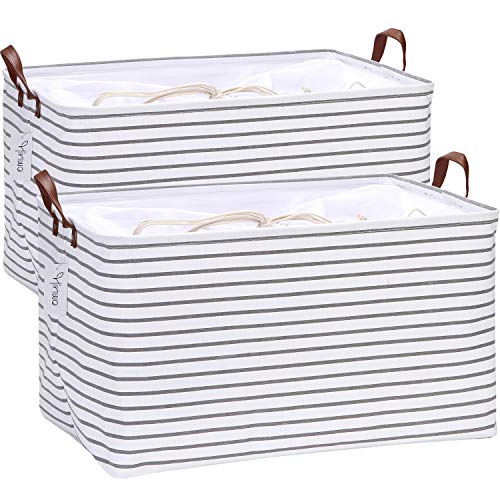 Hinwo 2-Pack Extra Large Canvas Fabric Storage Baskets with Handles, 70L Oversized Storage Bins, Collapsible Storage Box, Clothes, Toys, Blankets Organizers, 22 x 15 x 13 inches, (Grey Stripe) - color: Gray Stripe, size: 22" / 70L / 2-Pack