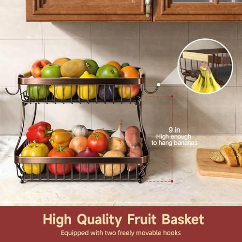 Sevenblue 2 Tier Large Fruit Basket for Kitchen Counter with 2 Mobile Banana Hangers, 2026 Pro Detachable Metal Fruit Bowl with Wooden Handle (Brown, 2 Tier) - color: Brown, size: 2 Tier