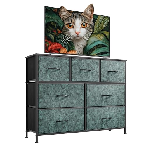 WLIVE 7 Drawer Dresser TV Stand, Entertainment Center, Media Console Table with Metal Frame and Wood Top for TV up to 45 inch, Chest of Drawers for Bedroom, Living Room, Vintage Green - color: Turquoise