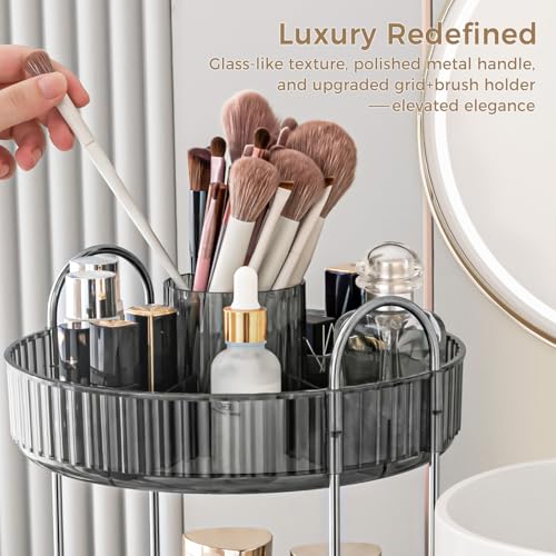 360° Rotating Makeup Organizer, Upgraded 2 Tier Skincare Perfume Organizers for Women, Bathroom Organizer Countertop, Clear Cosmetic Dresser Organizer with Makeup Brush Holder, Sink&Counter(Grey) - color: Grey, size: 2 Tier