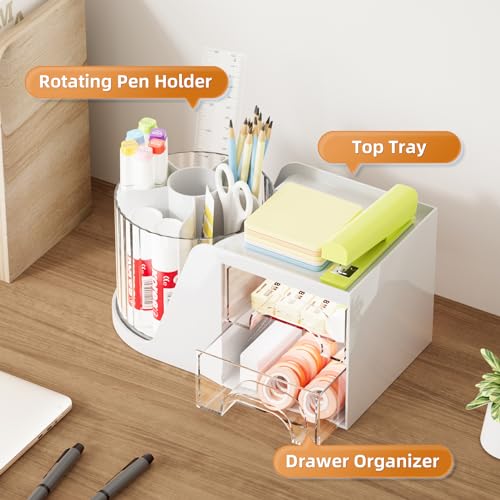 Marbrasse Desk Organizer with 2 Drawer, 360°Rotating Pen Holder, Desk Organizers and Accessories with 6 Slots Pencil Organizer + 2 Drawer, Art Supply Storage Box Caddy for Office (White) - color: White