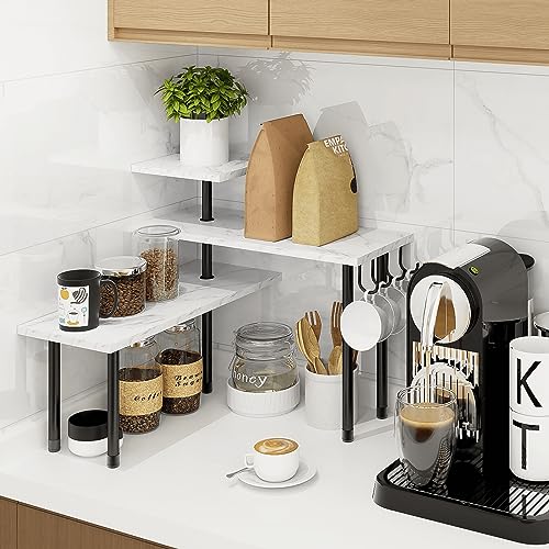 Homode Bathroom Counter Corner Shelf, 3 Tier Kitchen Countertop Organizer for Over The Sink, Make Up, Dresser Table, White Marble - color: White Marble, With Hooks