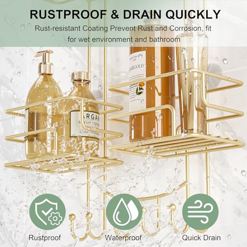 SRIWATANA Shower Caddy Hanging, Bathroom Organizer, No Drilling Shelves Over Shower Head, Bath Rack Holder with Hooks for Razors and Sponge - Gold - color: Gold