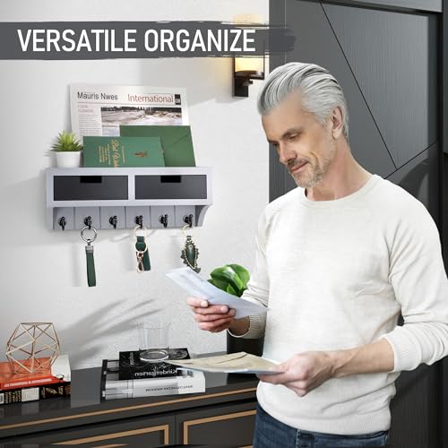 Rebee Vision Key Holder Wall Mount with Drawer Organizer: Mail Organizer for Wall with 6 Key Hooks and Wall Shelf - Apartment Essentials for Aesthetic Room Decor (Gray & Black) - color: Gray & Black, style: 2-Drawer
