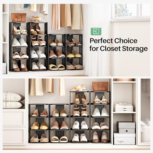 Kitstorack Stackable 16-Tier Shoe Rack for Closet & Entrance - Tall, Narrow, Vertical Shoe Stand - Plastic, Free Standing - Ideal for Small Spaces - color: Black, size: 16 Tiers