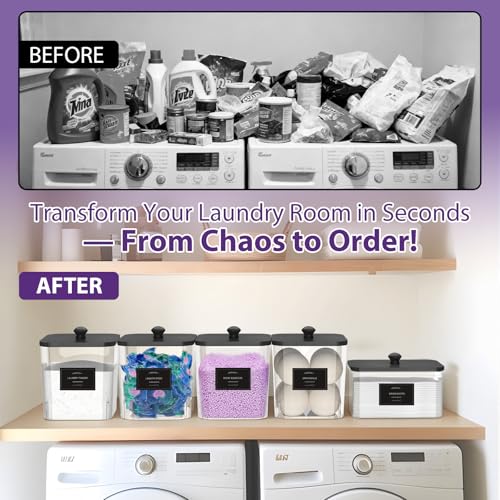 COAZEX 4+1 Pack Clear Laundry Pods Container & Dryer Sheet Holder, Plastic Square Laundry Room Organization and Storage Jars with Black Lids, Scoops & Labels for Detergent, Powder, Dryer Balls - color: 4+1 Pack