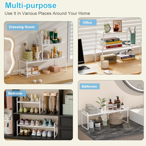 15.5 to 25.5 Inch Kitchen Cabinet Shelf Organizers, Adjustable Kitchen Counter Shelf Organizer, Set of 4 Expandable Countertop Storage Shelves, Stackable Design, 30LBS Heavy Duty, Space Saver - color: White