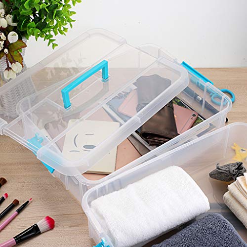 BTSKY 2 Layer Stack & Carry Box, Plastic Multipurpose Portable Storage Container Box Handled Organizer Storage Box for Organizing Stationery, Sewing, Art Craft, Jewelry and Beauty Supplies Blue - color: Blue