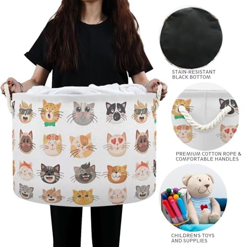 Cat Face Print Round Storage Basket Cute Kitten Large Laundry Hamper 20 x 20 x 14 Inches Organizer Bin with Cotton Rope Handles Clothes Storage Bag for Nursery Bedroom Living Room Decor - color: White