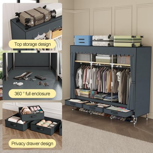 Portable Wardrobe, Freestanding Closet Hanging Organization, Metal Frame with Grey Fabric Cover, 3 Storage Compartments, 3 Hanging Rods, 3 Drawers. - color: Grey