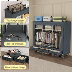 Portable Wardrobe, Freestanding Closet Hanging Organization, Metal Frame with Grey Fabric Cover, 3 Storage Compartments, 3 Hanging Rods, 3 Drawers. - color: Grey