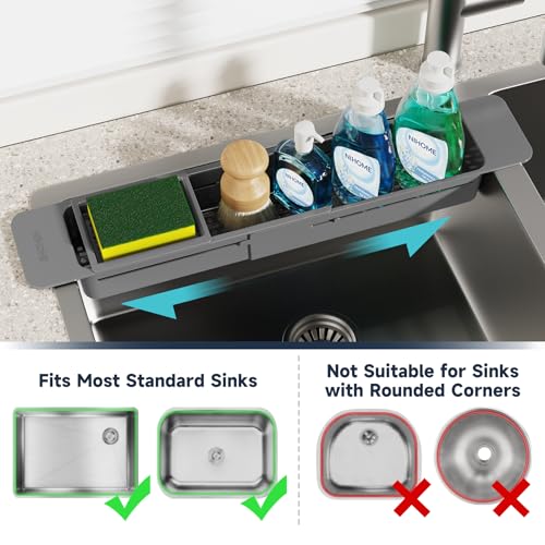NiHome Extendable Sink Kitchen Organizer, Extra Long Telescopic Brush Storage Rack for Sponge, Non-Slip Pads Expandable Sink Caddy, Adjustable Brush Rack with Drainage Durable ABS (Dark Gray) - color: Dark Gray, size: Extra Long