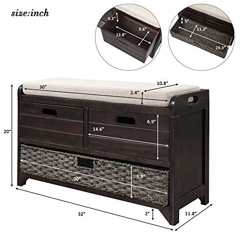 Fully Assembled Solid Acacia Wood Storage Bench - Shoe Organizer with 2 Drawers, Removable Basket & Padded Cushion, Rustic Entryway Bench (Espresso) - color: Espresso