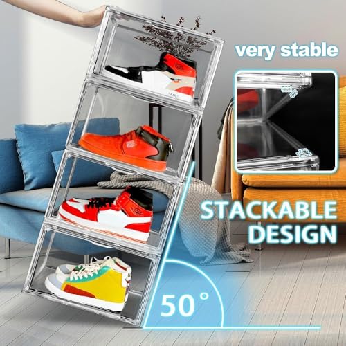 Size 14 Acrylic Sneaker Shoe Display Case, Transparent Shoe Box Storage Bins Clear Plastic Stackable Boot Handbag Organizer Containers with Lids for Shoes, Figure, Collectible, Purse, 1Pack - color: Clear, size: Large
