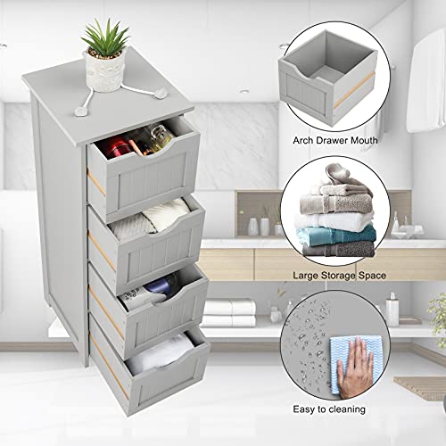 Bonnlo Skinny Bathroom Floor Storage Cabinet, 12 Inch Wide Deep Small Storage Organizer with 4 Drawers, Wooden Modern Grey Thin Free Standing Tower Cabinet w/ 4 Cute Drawers for Bathroom, Living Room - color: Grey