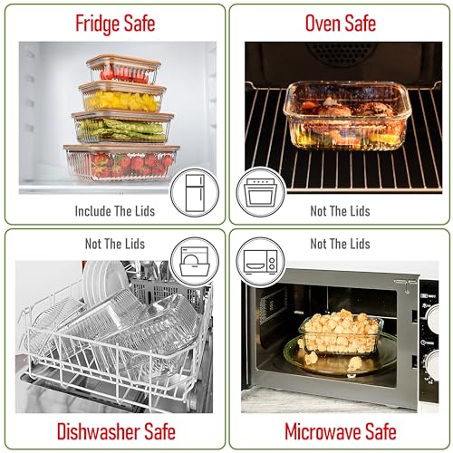 Set of 4 Stackable Space-Saving Nesting Glass Bowls with Airtight Acacia Lids for Lunch, Meal & Food Prep - Microwave & Oven-ready BPA Free Durable Heat Resistant Inert Borosilicate Glass - color: 4 Containers with Acacia Lids (Ribbed)