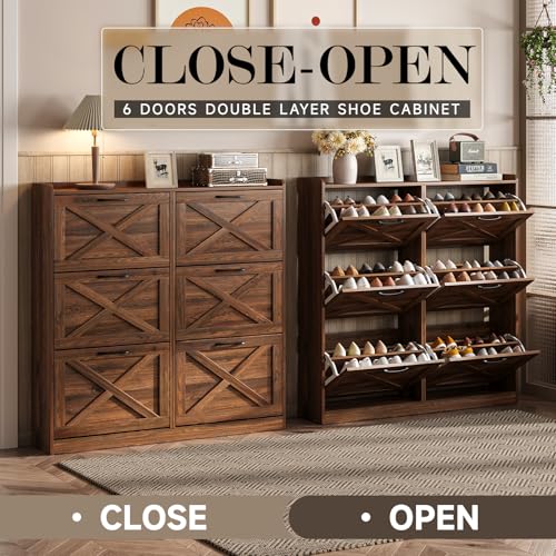 Maupvit Large Shoe Storage Cabinet with 6 Flip Drawers, Freestanding Shoe Organizer with Metal Handles for Entryway, Narrow Shoe Rack Cabinet, Dark Walnut - color: Dark Walnut, style: 6-Drawers