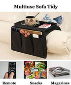 Couch Sofa Armrest Organiser with Cup Holder Tray Chair TV Remote Holder Bedside Storage Pocket Bag for Cellphone Tablet Notepad Book Magazines DVD Eyewears Drinker Snacks Holder Pouch - color: Black (with top tray)