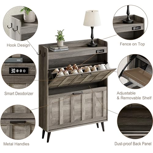ChooChoo Shoe Storage Cabinet with 2 Flip Drawers, Deodorizing Shoe Organizer Storage for Entryway, Freestanding Hidden Slim Narrow Shoe Rack Cabinet, Grey - color: Grey, size: 2-Drawers