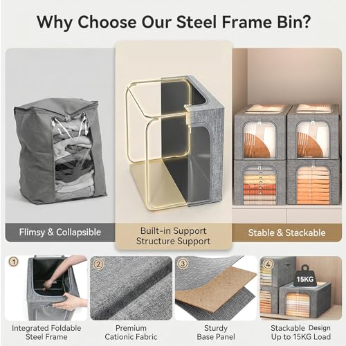 GoMaihe Clothes Storage Bin with Metal Frame: 6-Pack Stackable Closet Storage Bin with Lid & Clear Window, Sweater Boxes Storage for Closet Bedding Clothing Storage Organizer 40L - color: 6, size: 40L