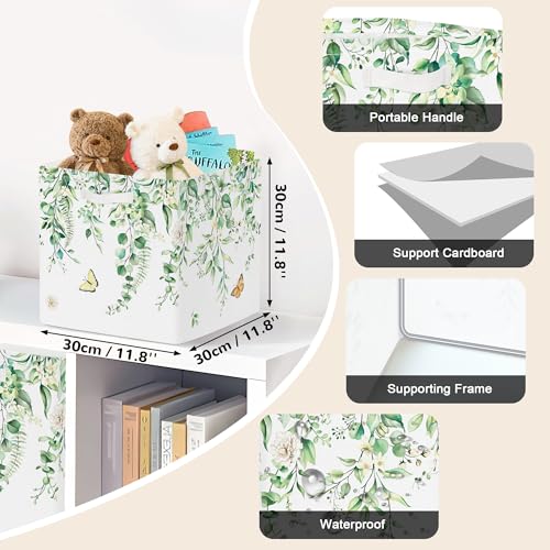 Clastyle 3 pcs Leaf Women Cube Storage Unit Bin with Metal Frame Foldable Kallax Box for Shelves Ladies Girls Closet Organizer Basket for Book Clothes Toy Organizer, Eucalyptus, 11.8x11.8x11.8 in - color: Eucalyptus