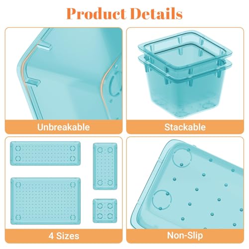SpaceHacks 15 PCS Clear Plastic Drawer Organizer Set, 4-Size Acrylic Drawer Storage Trays, Storage Bins for Makeup, Gadgets, and Jewelry in Bathroom, Bedroom and Office, Clear Sea Blue - color: Sea Blue