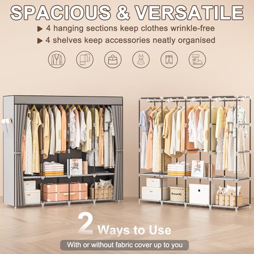 Neatrays Portable Closet, 66 Inch Large Capacity Wardrobe for Closet Organizers and Storage with Non-Woven Fabric Cover, 4 Hanging Rods, 8 Shelves(Grey) - color: Grey, size: 4 Row - 67"Wide