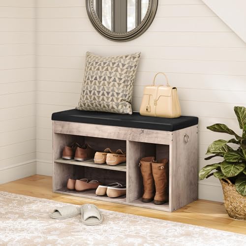 HOOBRO Shoe Storage Bench with Cushion, 32.3'' Entryway Bench with Lift Top Hidden Storage and Adjustable Shelves, Wooden Shoe Rack Bench for Entryway Bedroom, Rustic Brown and Black BG40HX01 - color: Greige + Black