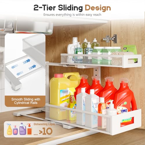 2 Pack 17IN Depth Under Sink Storage Organizer, Large 2-Tier Elegant Mesh Pull Out Shelf for Kitchen and Bathroom Cabinet Organization, L-Shaped and Adjustable Height Design-White - color: White, size: 2 Pack-17"Dx11.4"-16.14"H